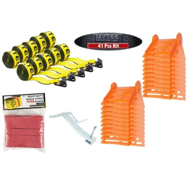 Flatbed Tie-Down Kit - 41 Pieces: 4 Inch Flatbed Winch Straps, V Board Corner Protectors, Winch Strap Heavy Duty Band, Zinc Coated Winder