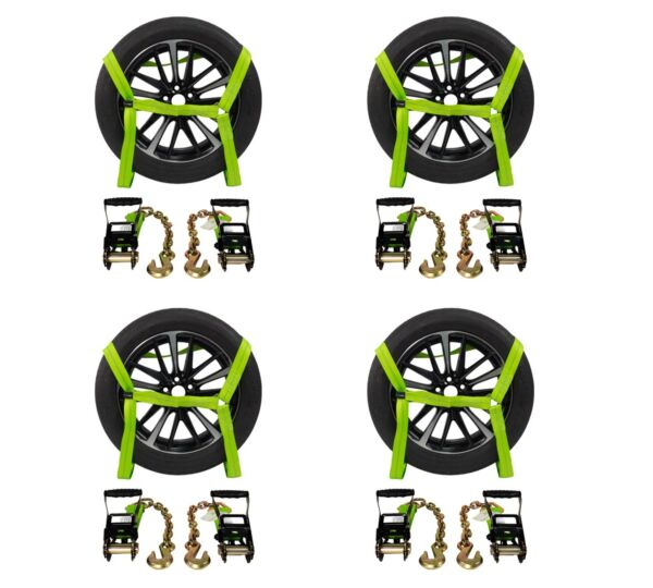 4 Pack of 2"x10' Side Mount Wheel Net with Two Ratchets Chain Anchor With 3,333WLL used on wheel view -Mytee Products 4 Pack of 2"x10' Side Mount Wheel Net with Two Ratchets Chain Anchor With 3,333WLL used on wheel view -Mytee Products