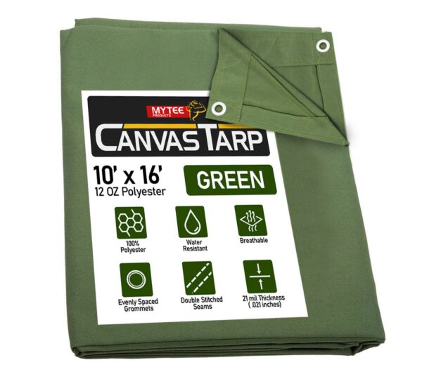 Olive Green 12 oz Polyester Tarp, Water Resistant, Breathable, Evenly Spaced Grommets every 10x16 - Mytee Products