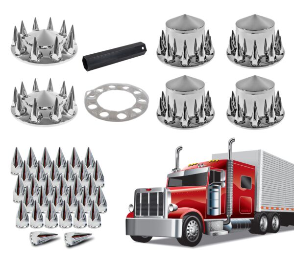 Complete Chrome Axle Cover Kit w 33 mm Spiked Lug Nut Covers Full View - Mytee Products