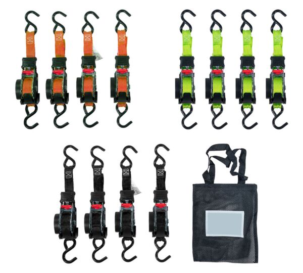 1_x12_ Retractable Tie-down Straps W_ S-Hook - 4 Ratchet Straps Kit, Green - Mytee Products