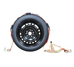 2" x 9' High Abrasion Orange Webbing Over the Tire Ratchet Strap with Swivel J Hook used on Wheel by Mytee Products