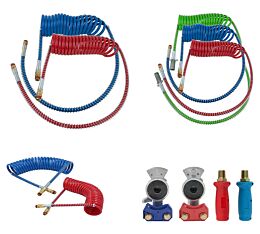 15 Ft Air Brake Coiled Assembly & Accessory Kit w_ 12_ & 40_ Pigtails – Includes 7-Way ABS Coil, Standard Aluminum Gladhands (Service & Emergency), Red & Blue Gladhand Grip Handles - Mytee P