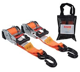 Orange 2_ x 10_ Auto Retractable Ratchet Straps with Zinc-Coated S Hooks (2 Pcs), 1100 lbs. Working Load Limit, 3300 lbs. Breaking Strength, Steel and Polyester Hook Front with Bag View - Mytee Products