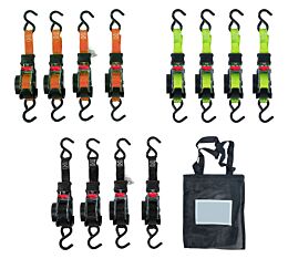 1_x12_ Retractable Tie-down Straps W_ S-Hook - 4 Ratchet Straps Kit, Green - Mytee Products