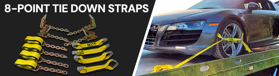 8 point tie down straps securing the car on the trailer