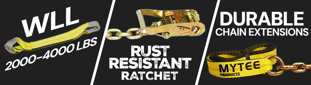 Ratchet straps with 2000-4000 lbs WLL, durable chain extensions, and RUF & TUF ratchet