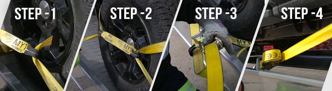 Step-by-step process of securing a vehicle using 8-point tie down straps