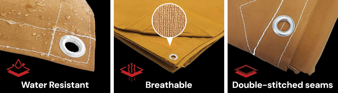 Water-resistant breathable canvas tarp with double-stitched seams