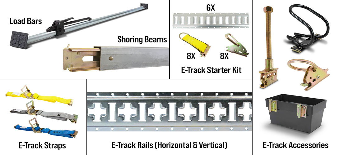 E-track system kit with rails, straps, load bars, and various accessories