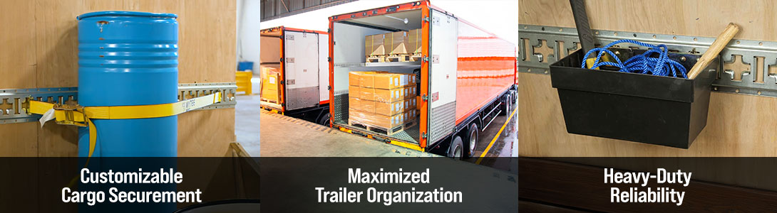 E-track system used for securing barrels, organizing trailers, and tools