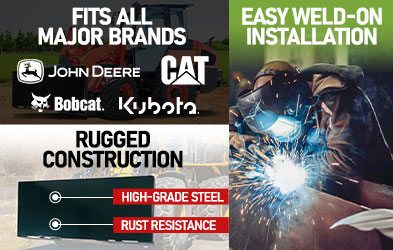 Easy weld-on skid loader plate with rugged steel, fits major brands like CAT and John