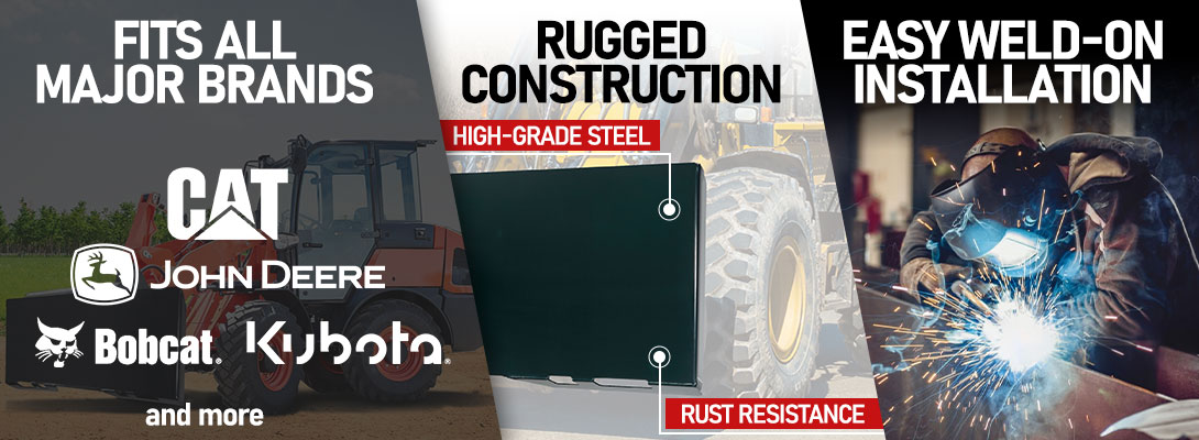 Easy weld-on skid loader plate with rugged steel, fits major brands like CAT and John
