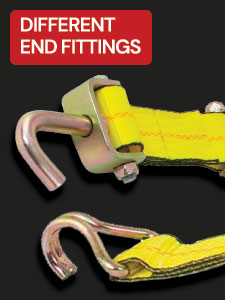 Different end fittings on yellow tie down straps.