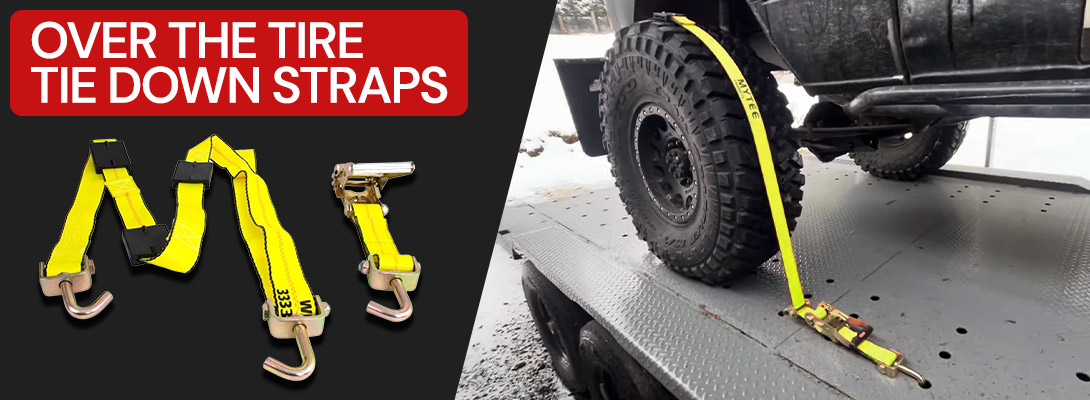Over the tire tie down straps securing a vehicle tire.