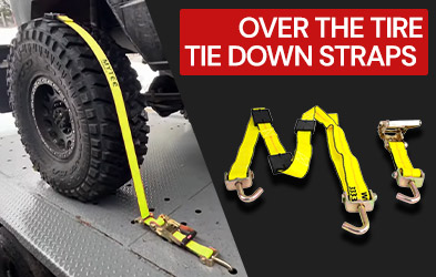 Over the tire tie down straps securing a vehicle tire.