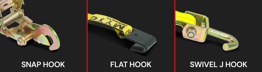 Side mount wheel straps with snap hook, flat hook, and swivel J hook options.