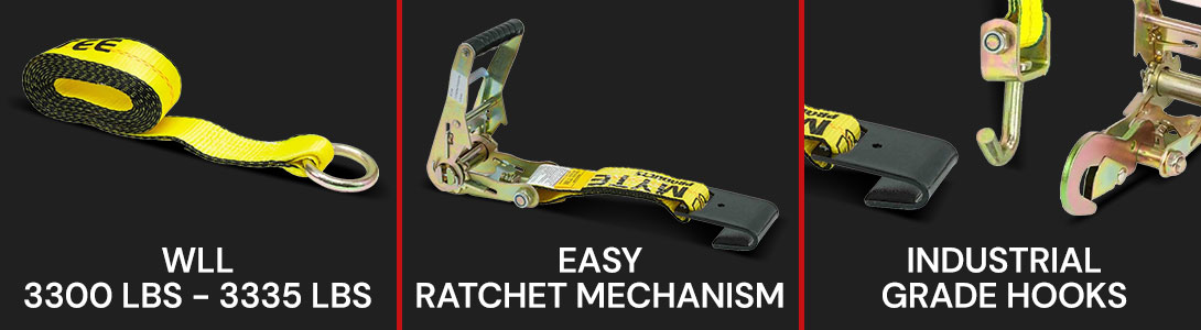 Wheel straps with upto 3335 lbs capacity, ratchet mechanism, and industrial hooks.
