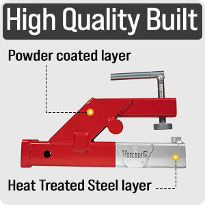 Close-up of 2-inch Clamp-On Tractor Bucket Hitch with powder coat and steel.