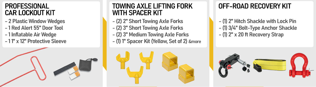 Car lockout, axle lift, and off-road recovery kits