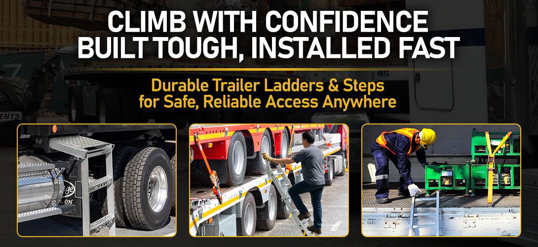 Workers using durable trailer ladders and steps for safe access to flatbed and utility trailers