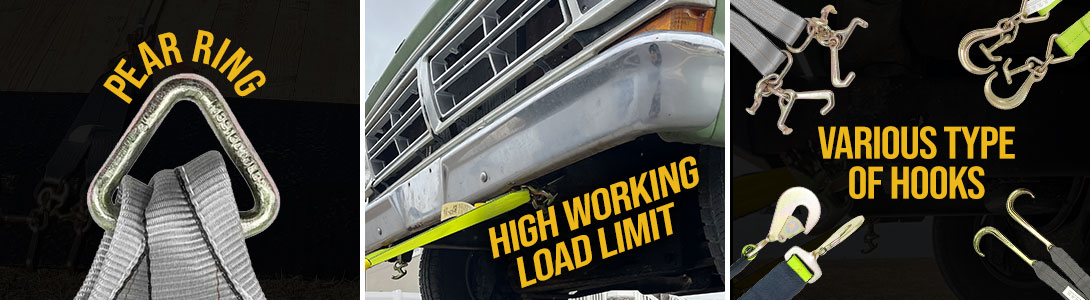 V bridle tow strap with forged pear ring, high working load limit, and various hook types